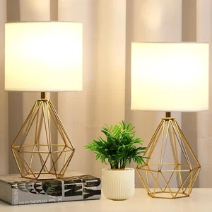 Small Gold Table Lamp Set of 2, Bedside Nightstand Lamps with White Fabric Sh... - Picture 1 of 7