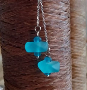 Artisan Earrings Threader Ocean Beach Blue 4" Long Dangle - Picture 1 of 4
