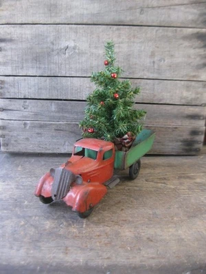Early Antique Tin Toy Truck Original Red and Green Paint w Christmas Tree - Image 1 of 4