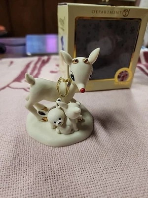 FIRMADO DEPARTAMENTO 56 RUDOLPH NARIZ ROJA RENO Y CONEJITOS ADORNO DE PORCELANA 2014 Foto 1 de 4