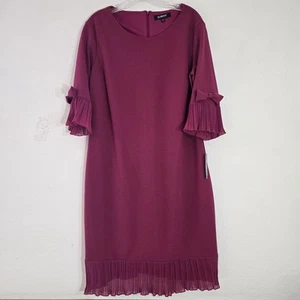 Glamour Beere Rundhalsausschnitt 3/4 Plissee Rüschen Bündchen Band Midi Karriere Kleid 16 Neu mit Etikett - Bild 1 von 13