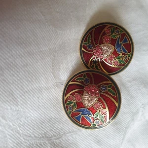 Vtg 80s Cloisonne Enamel Earrings Pierced Burgundy Blue Birds Floral Round - Picture 1 of 5