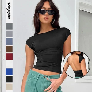 Womens Backless Tops Open Back Shirts Summer Crop Tops Short Sleeve T-Shirt - Picture 1 of 54