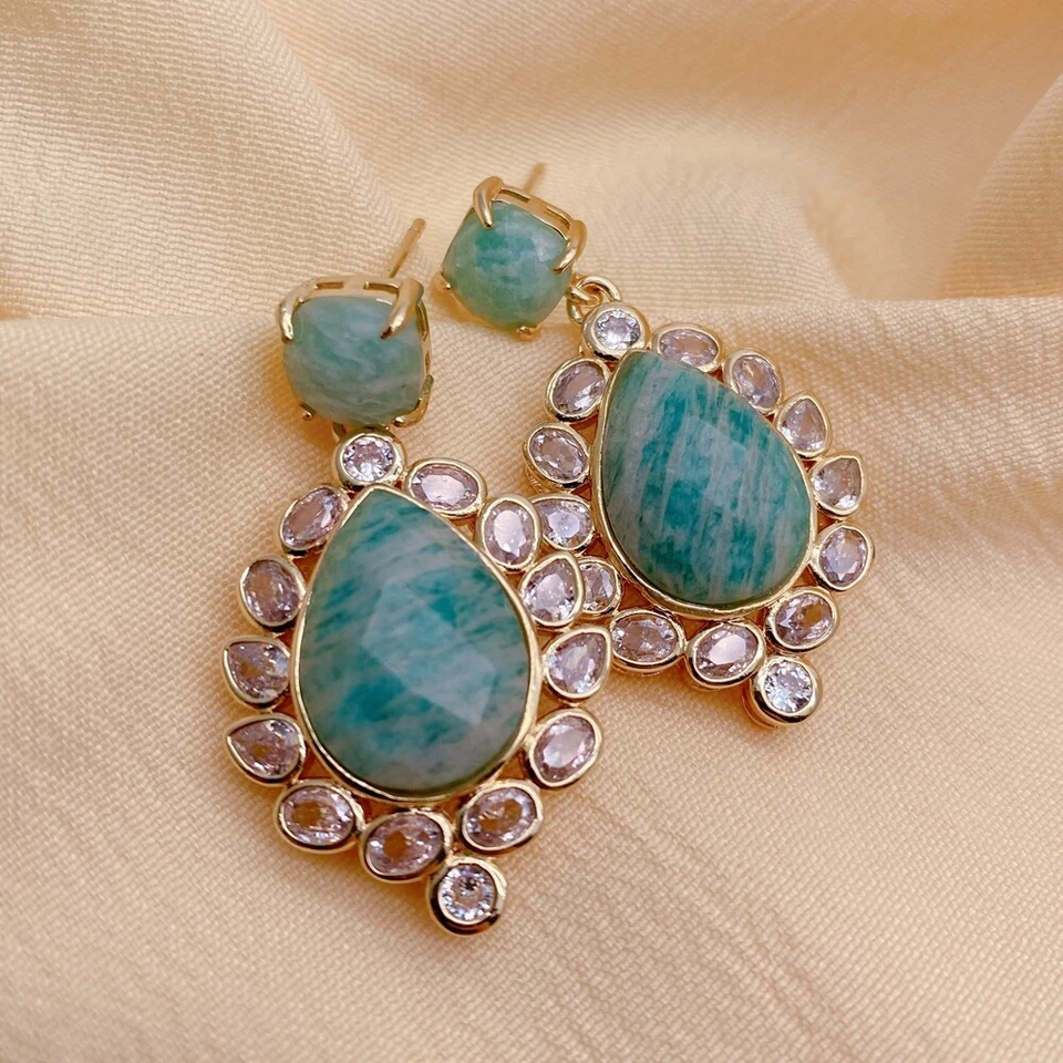 Teardrop Amazonite Dangle Stud Earrings Cz Pave Lady Jewelry Fashion Earrings - Image 1 of 4