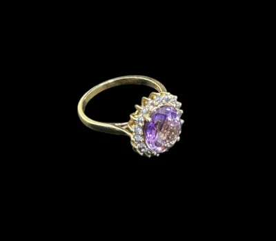 10k FP  Ring Yellow Gold Oval Cut Amethyst Blue Topaz Halo Band Size 10 Signed - Image 1 of 4