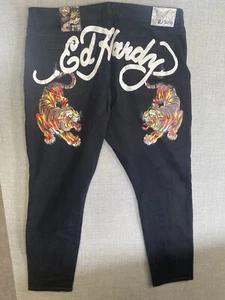 Pantalones de mezclilla para hombre Ed Hardy negros calce ajustado estampado de tigre talla 40 calce ajustado - Imagen 1 de 7