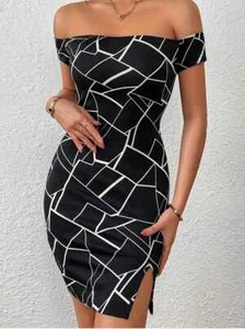 Ladies Off Shoulder Geo Print Bodycon Short Sleeve Split Dress L Black/White - Picture 1 of 2
