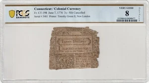 Connecticut 1776 Colonial Currency Bank Note CT-198 American Revolution PCGS VG8 - Picture 1 of 5