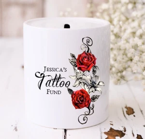 Personalised Ceramic Tattoo Fund Money Box Savings Pot Gift Idea - Foto 1 di 3