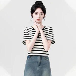 Women Summer Striped Front Metal Button Round Neck Short Sleeve CasuaWomenl Tops - Picture 1 of 13