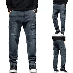 Jeans uomo elasticizzato denim largo pantalone da lavoro cargo invecchiato tasca - Foto 1 di 10