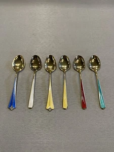 6 Vintage Gilt Wash Sterling & Enamel David Andersen Norway Demitasse Spoons - Picture 1 of 8