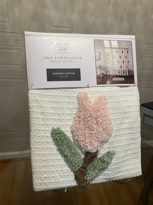 Farmhouse Shower Curtain 72 x 72” Beige Floral Stitching Fringe - Image 1 of 4