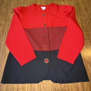 Vtg Good Times Gingham Blazer 1980s Puff Shoulders Womens Collarless Size 14 - Picture 1 of 9