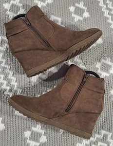 M&S Collection Womens Brown Suede UK 6 Wedge Ankle Boots Side Zip Excellent - Picture 1 of 17