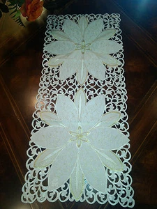  Embroidered Poinsettias Tablecloth 16"x36" White Table Runner Home Gift Decor - Picture 1 of 1