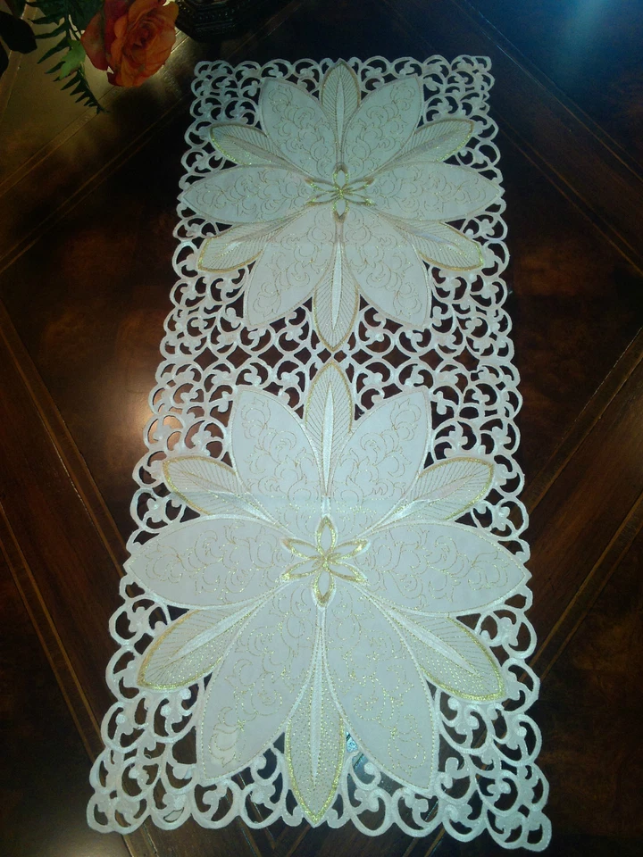  Embroidered Poinsettias Tablecloth 16"x36" White Table Runner Home Gift Decor - Image 1 of 1