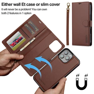 For iPhone 16 Pro Max Plus 2in1 Separate Cover Flip Leather Magnetic Wallet Case - Picture 1 of 22