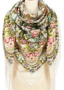 Stole 58'' square 100% merino wool Pavlovo Posad shawl pink green scarf 1992 - Picture 1 of 4