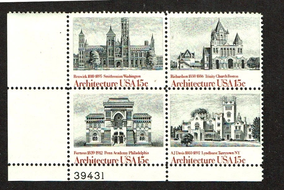 1980 U.S Commem 15c ARCHITECTURE  Se-Tenant Plt Blk of 4 Sc#1838-41 M/NH/OG GEM! - Image 1 of 1