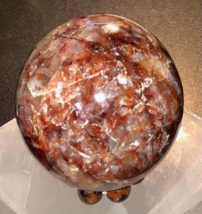 Fire Quartz Hand Carved Crystal Sphere 51.5mm on Mahogany Obsidian Bead Stand - Picture 1 of 5