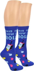 Happy Hanukkah Adult Crew Socks Dreidel Jewish Holiday Gift size 4 10 How I roll - Picture 1 of 4