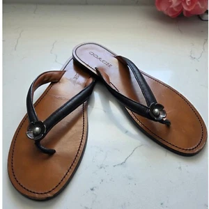 Coach Tea Rose Black Leather Flip Flop Sandals Sz 10 - Picture 1 of 6