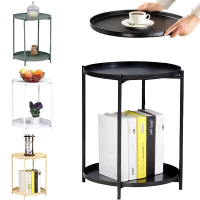 2-Tier Metal Coffee End Table Sofa Side w/ Removable Table Round Anti-Rust Tray - Image 1 of 4