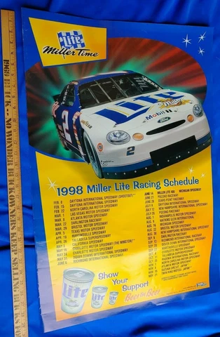 1998 Rusty Wallace NASCAR Schedule Miller Lite Poster Sign Advertising Rare VTG Cover