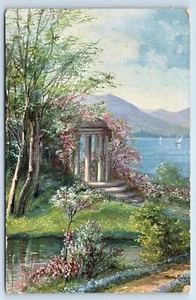 Pavilion on Lake with Sailboats artist signed Mary Golay Postcard - Picture 1 of 2