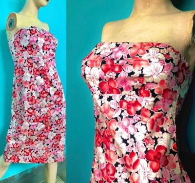 Vtg Y2K Bold Floral Pinks Red White Black Stretch Tube Pencil Dress @Knee~Sz 6 - Image 1 of 4