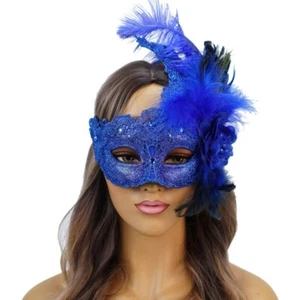 ROYAL BLUE FEATHER MASQUERADE MASK FOR PROM MASQUERADE BALL MARDI GRAS - Picture 1 of 5