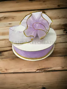 7/8" (LAVENDER) Organza PULL RUFFLED BOW Ribbon GOLD Edge on one side 25 Yards - Picture 1 of 1