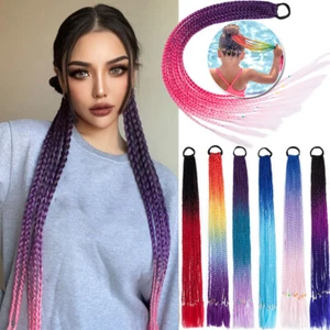 1-2PCs Colored Hair Extensions Braided Ponytail for Girls Women Kids Hair Rings - Picture 1 of 32
