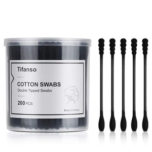 200 Count Black Cotton Swabs, Natural Black Double Tipped Cotton Buds, Cruelt... - Picture 1 of 7