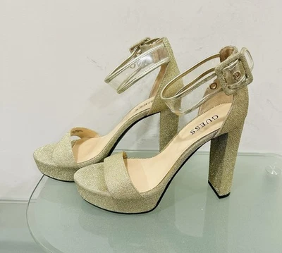 GUESS Gold Glitter Block Heel Sandals with Clear Strap – Size 8,5 M - Image 1 of 4