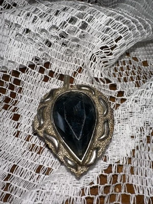 Vintage Florenza Silver Tone Pill Trinket Perfume Box Blue  Rhinestone Pear - Image 1 of 4