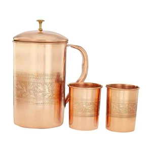 Juego de jarra de agua de cobre en relieve para agua potable con tapa y 2 vasos a juego - Imagen 1 de 8