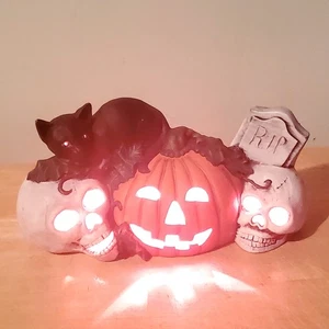 Pumpkin Skull Black Cat Halloween Lamp with Red Light 10" Vtg - Picture 1 of 13
