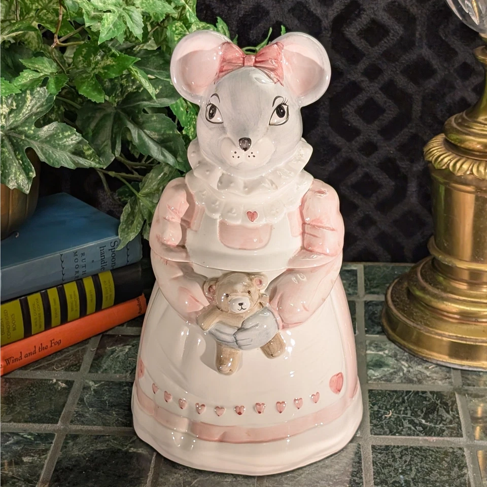 Large Vintage Pink Girl Mouse w/ Teddy Bear Ceramic Lidded Cookie Jar, 1990 Gift - Image 1 of 4
