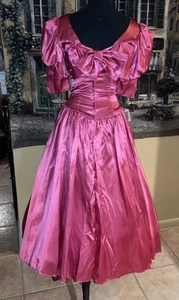 Vintage 80s Pink Fuschia Puffed Sleeves Bows Prom Dress ILGWV S - Picture 1 of 9