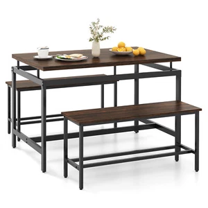 3PCS Dining Table Set for 4 w/ 43" Wooden Kitchen Table 2 Benches Metal Frame - Picture 1 of 10