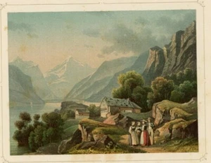 Vista de Grütli Vierwaldstädter See litografía en color sin firmar siglo XIX - Imagen 1 de 2