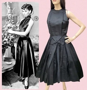 Vestido de Cóctel XXS De Colección Años 50 OLEG CASSINI Esmoquin de Seda Frontal NEGRO TIE COUTURE - Imagen 1 de 13