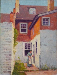 Elfreths Alley woman w broom antique painting Jack Gallagher Philadelphia PA - Picture 1 of 2