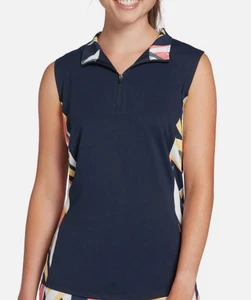 LADY HAGEN DESERT GETAWAY WOMENS NAVY BLUE SLEEVELESS GOLF TOP RETRO LEAF XS ZIP - Picture 1 of 7