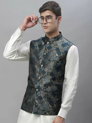 Men’s Nehru Jacket – Woven Silk Cotton, Wedding Festive Ethnic Sleeveless Vest - Image 1 of 2