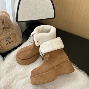 Women's Fashion Suede Fur Lined Round Toe Lace Up Platform Snow Boots Shoes NWON - Picture 1 of 14