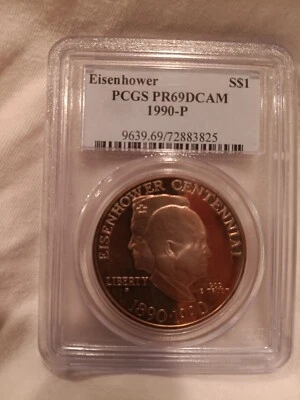 1990 P GOLDEN TONED EISENHOWER PF-69 DCAM CENTENNIAL SILVEDR DOLLAR.  GORGEOUS! - Image 1 of 2