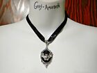 silver black vampire bat cameo necklace choker earrings 17" halloween goth D1